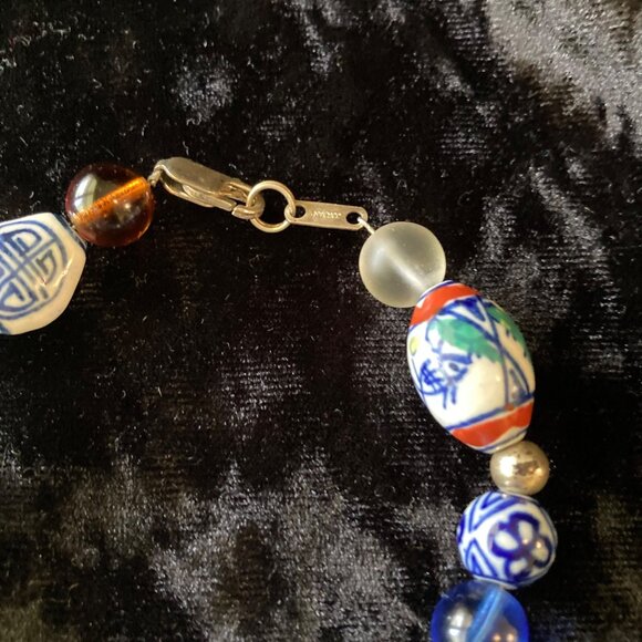 Sterling 925 Ceramic Glass Cloisonne Beaded Bracelet Chinese‎ Jordan 8" - Picture 6 of 9